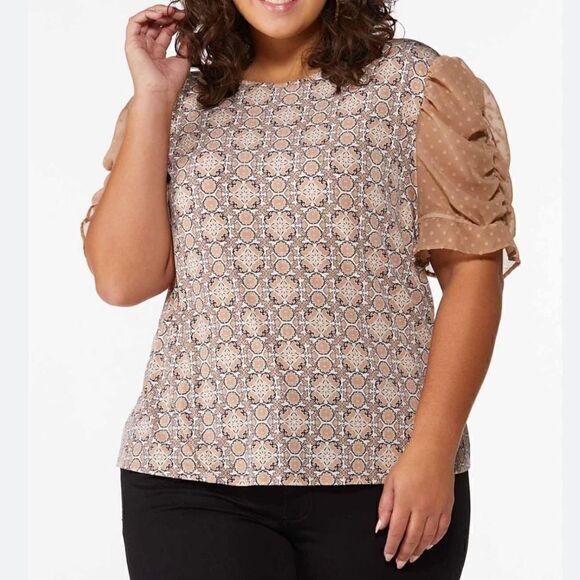 CATO Tan Puff Sleeve Blouse Size XL - Picture 1 of 8